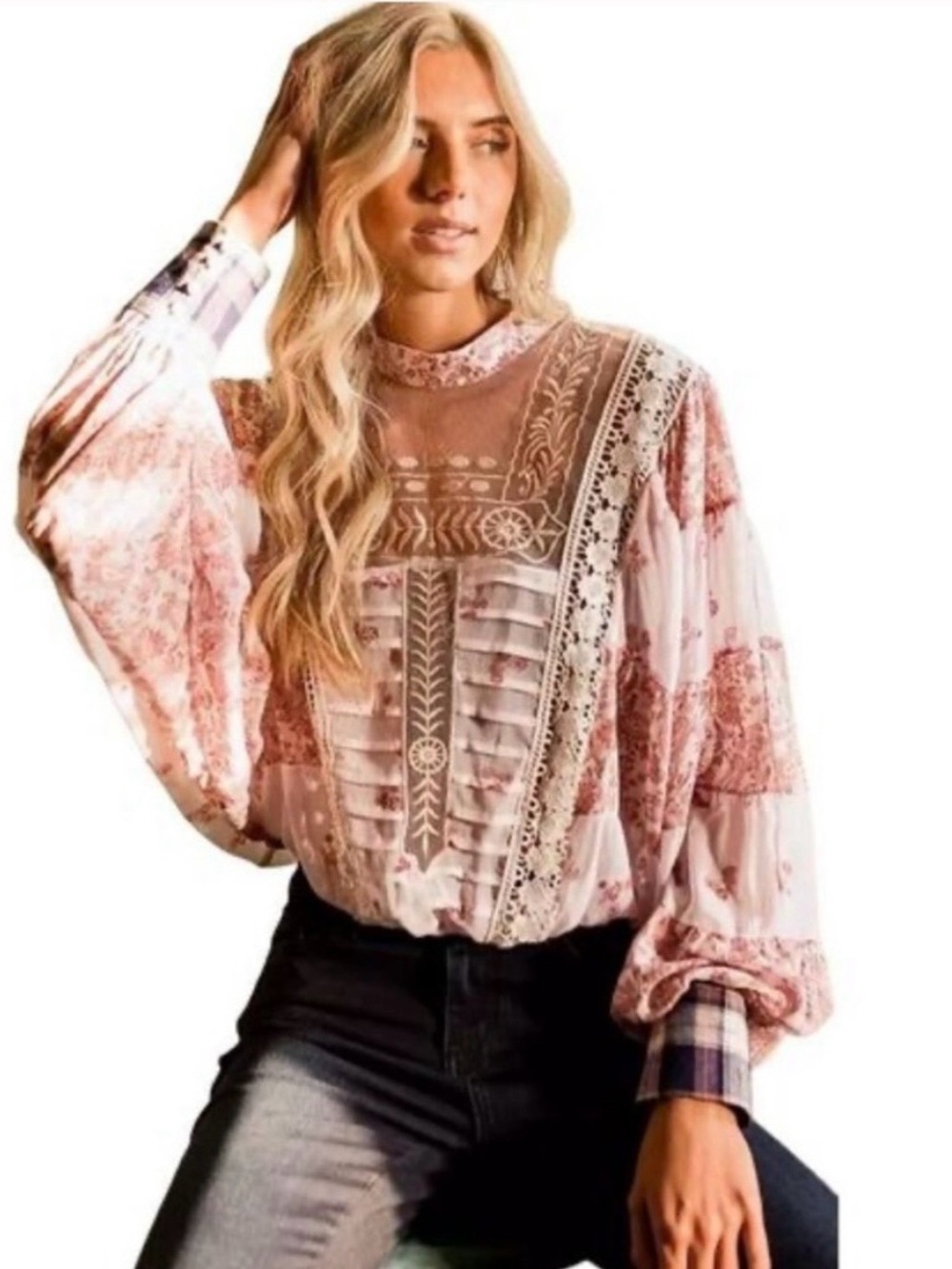 Gimmicks Pink Floral Sheer Lace Embroidered Mock Neck Puff Sleeve Blouse XL